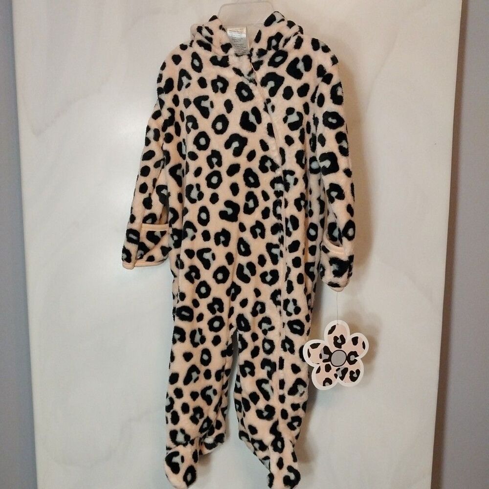 Little Beginnings Baby Girl 6-9M Pink Leopard Footed Fleece Sleeper Mitt Cuff